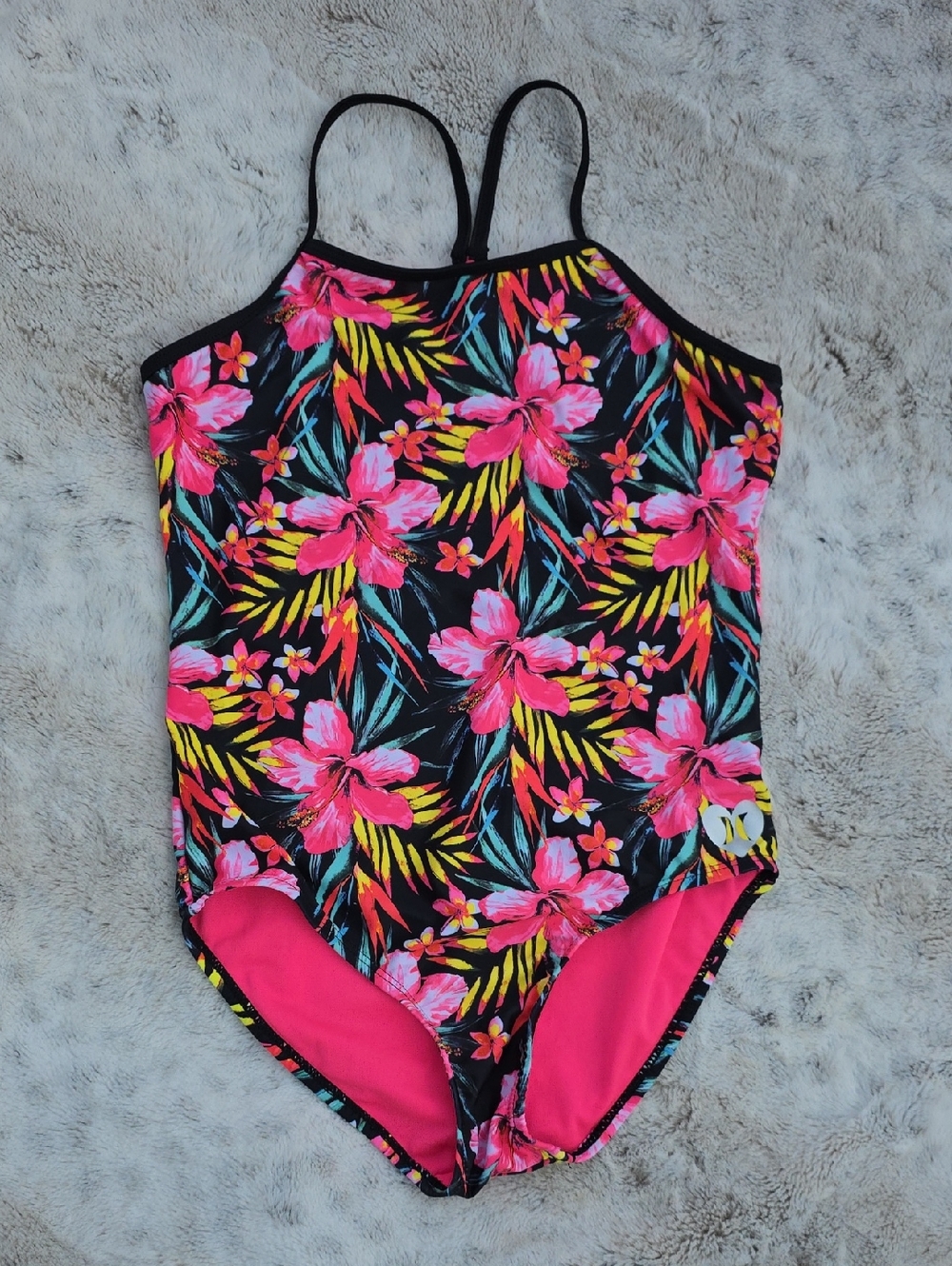 Hurley One-Piece Swimsuit 10/12 Girls Black With Pink & Yellow Floral Print
